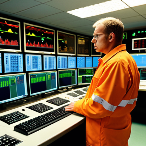 **Prompt:** A tense engineer in a German nuclear power plant control room, illuminated by numerous monitors displaying complex data and warning lights. He is sweating slightly, focused intensely on the task at hand. Redundant safety systems are visible in the background. The scene emphasizes the daily balancing act of controlling nuclear fission, highlighting the uncertainty and potential for catastrophe. Style: realistic, dramatic lighting.