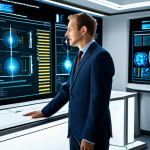 A highly skilled professional nuclear engineer, dressed in a modest business suit, stands confidently in a modern, collaborative research laboratory. The background features holographic projections of innovative Small Modular Reactors (SMRs) and advanced fusion energy concepts, symbolizing the cutting-edge future of energy technology. The engineer is engaged in a thoughtful discussion with an unseen colleague, emphasizing knowledge exchange and collaborative problem-solving. The environment is clean, well-lit, and futuristic, hinting at global impact and pioneering research. Perfect anatomy, correct proportions, natural pose, well-formed hands, proper finger count, natural body proportions. Fully clothed, appropriate attire, professional dress, safe for work, appropriate content, professional, high-quality photograph, ultra-detailed, sharp focus.
