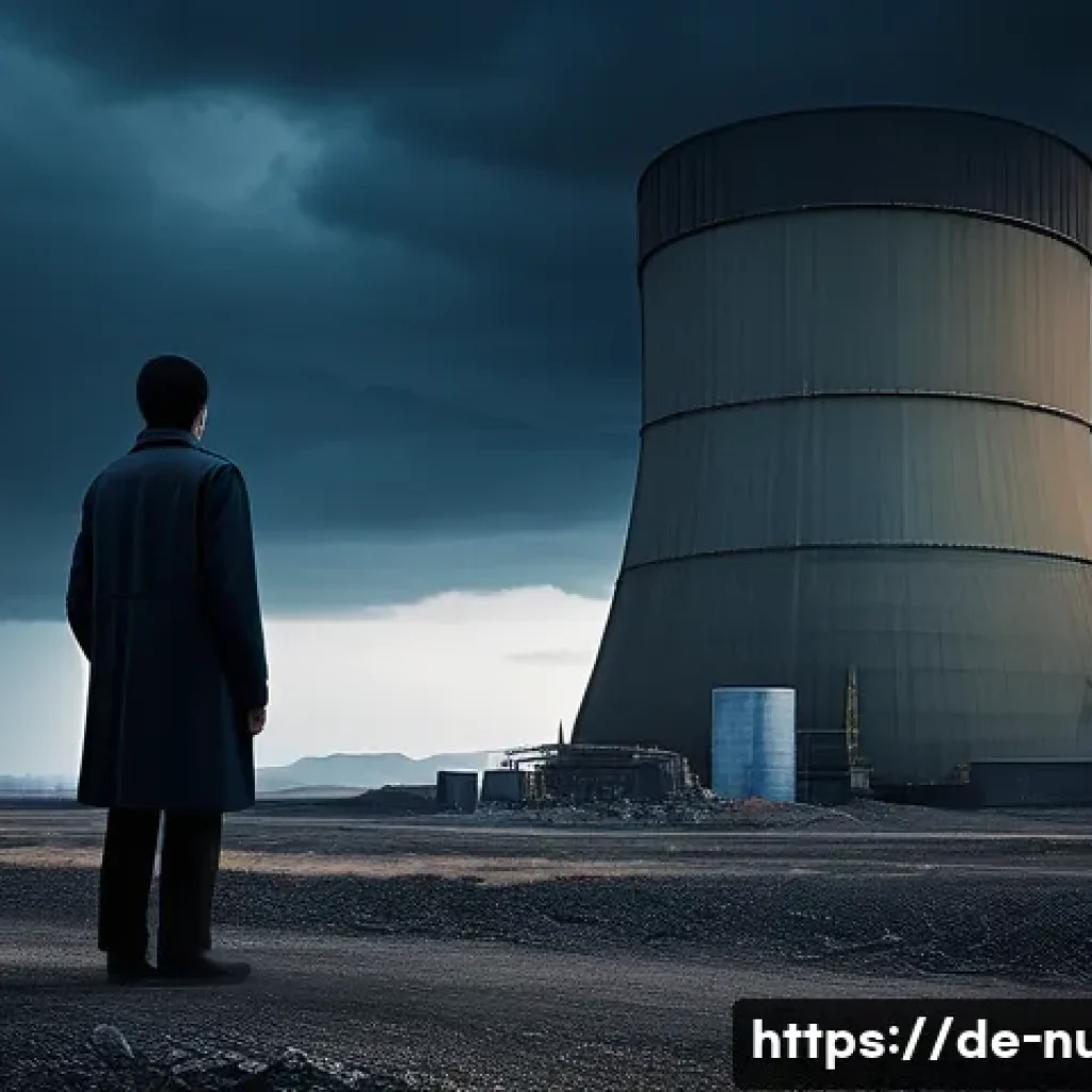 원자력 발전소의 환경영향평가 사례 - **Prompt:** A somber and reflective depiction of the immense, long-term burden of nuclear waste on f...