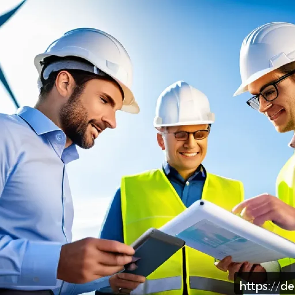 원자력 엔지니어의 퇴직 후 커리어 - A diverse group of nuclear engineers collaborating on a modern offshore wind farm project, wearing p...