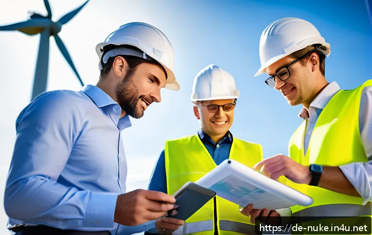 원자력 엔지니어의 퇴직 후 커리어 - A diverse group of nuclear engineers collaborating on a modern offshore wind farm project, wearing p...
