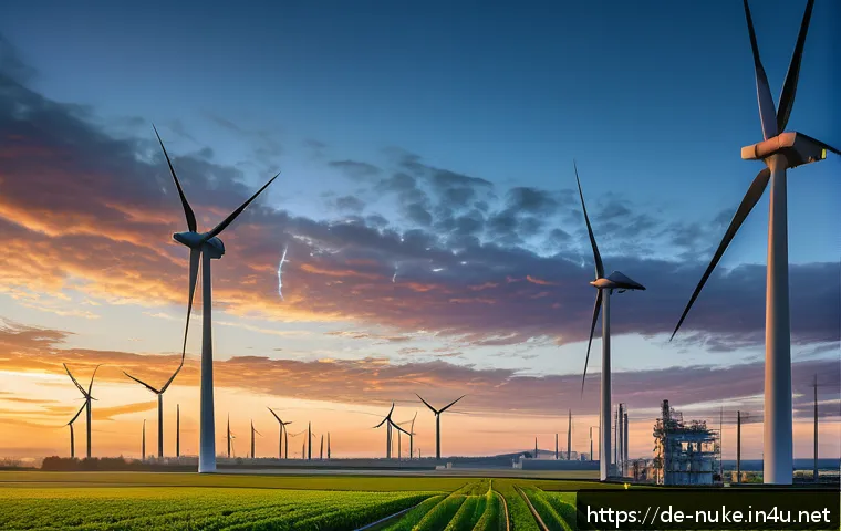 원자력 발전과 재생에너지의 협력 - A modern German energy landscape showcasing a hybrid power grid at sunset, featuring advanced nuclea...