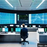Home 20 원자력 발전과 전력망 통합 사례 - A futuristic German smart grid control center with large digital screens displaying real-time energy...