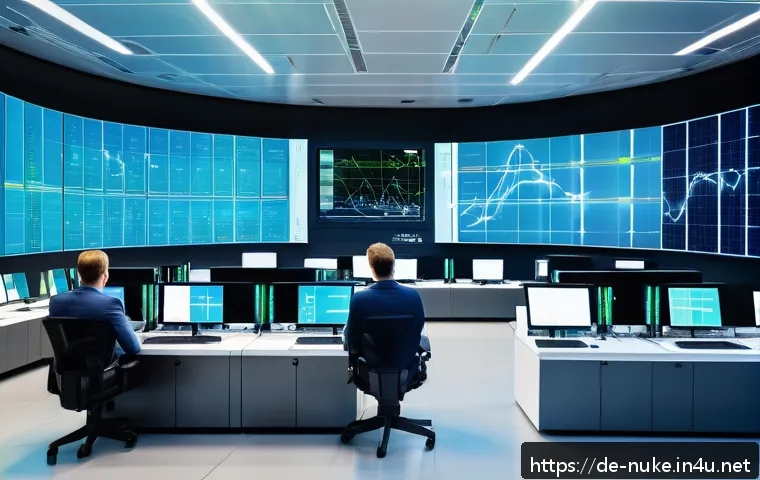 원자력 발전과 전력망 통합 사례 - A futuristic German smart grid control center with large digital screens displaying real-time energy...
