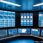Home 18 원자력 발전소와 배출 가스 관리 - A highly detailed industrial scene inside a modern nuclear power plant control room, showcasing adva...