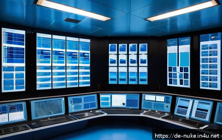 원자력 발전소와 배출 가스 관리 - A highly detailed industrial scene inside a modern nuclear power plant control room, showcasing adva...