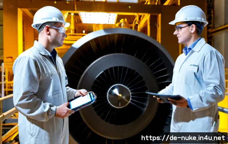 원자력 발전소 유지보수 기술 - Photorealistic nuclear power plant maintenance scene in Germany, two fully clothed engineers in clea...