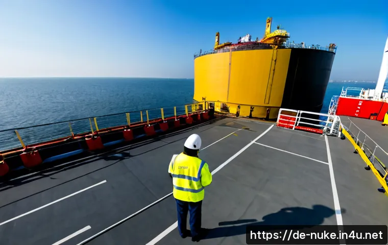 원자력 기술의 해외 수출 사례 - Photorealistic wide-angle scene at a modern European seaport near Hamburg, a massive cylindrical nuc...